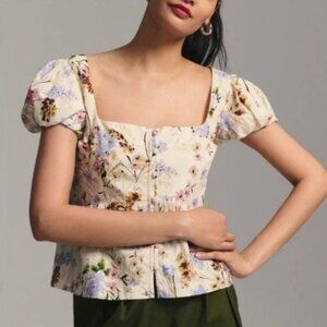 Anthropologie Shirred Puff Sleeve Peplum Cream Floral Peasant Top